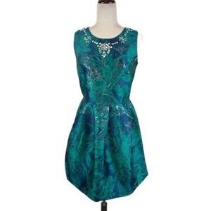 Alison Andrews Women's Size Medium Green Blue Metallic‎ Leaf Fit Flare Dress